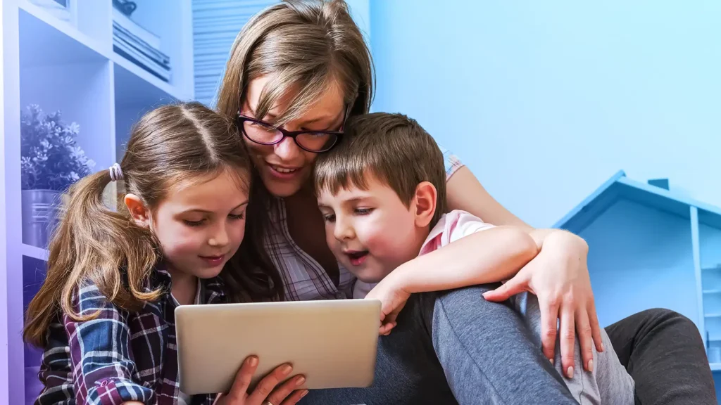 Family using tablet in home